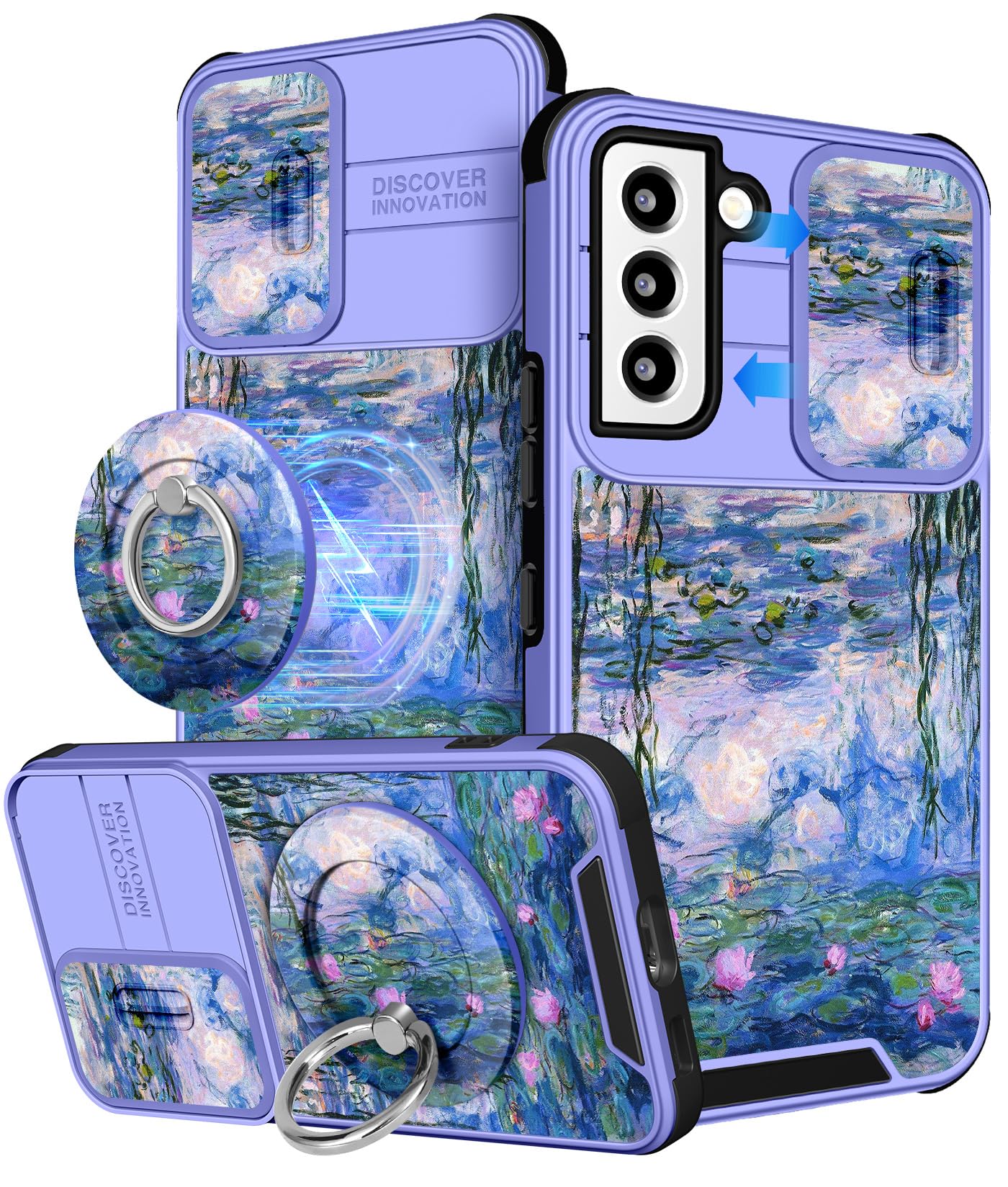 Photo 1 of Buleens for Samsung Galaxy S22 Case - with Ring Stand & Camera Cover Aesthetic Cute Designed Women Girls Girly Pretty Blue Water Lily for Galaxy S22 Phone Case Compatible with Magsafe 6.1"