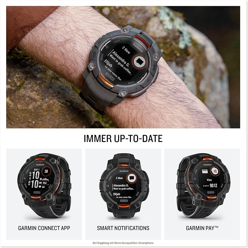 Instinct 3 45mm SOLAR – GPS-Multisport-Smartwatch, 0,9" Display, bis zu 28 Tage Akkulaufzeit, 80+ Sport-Apps, Navigationsfunktion, smarte Features, LED-Taschenlampe,Black, wasserdicht