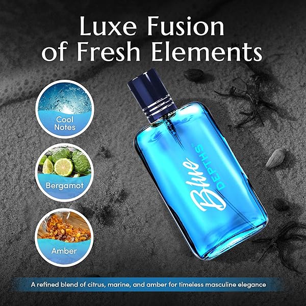 PB PARFUMSBELCAM BLUE DEPTHS EAU DE TOILETTE FRAGRANCE SPRAY – 3.4 FL OZ. FRESH AQUATIC COLOGNE FOR MEN WITH CRISP CITRUS, WARM MUSK & AMBER SCENT, CRAFTED WITH PREMIUM OILS FOR DAY & NIGHT USE