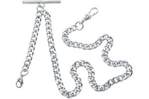 WATCHVSHOP Albert Chain - Silver Pocket Pocket Watch Chain - Fob Chain - Swivel Clasp T Bar + Fob Drop Extension with Lobster Clasp AC34A