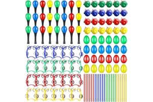 Lukmaa 120 Pcs Musical Instruments Include 24 Pcs Plastic Egg Shakers 24 Pcs Hand Bells 24 Pcs Castanets 24 Pcs Wooden Rhythm Sticks 24 Pcs Sand Hammers for Children Musical Rhythm Learning Supplies