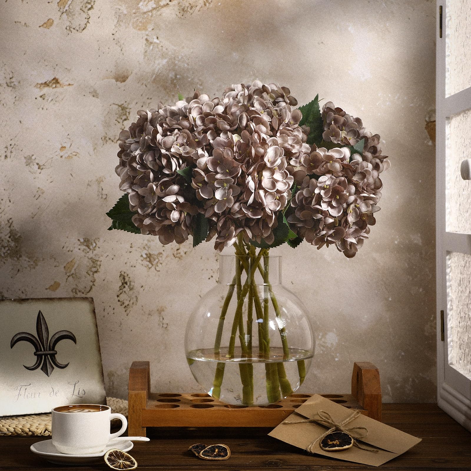 Photo 1 of Suncalla 8 Pcs 18 Inch Hydrangea Artificial Flowers Faux Hydrangea Flowers with Stems Fake Bouquet Bulk Realistic Floral for Fall Home Table Christmas Indoor Outdoor Decoration(Coffee Brown)