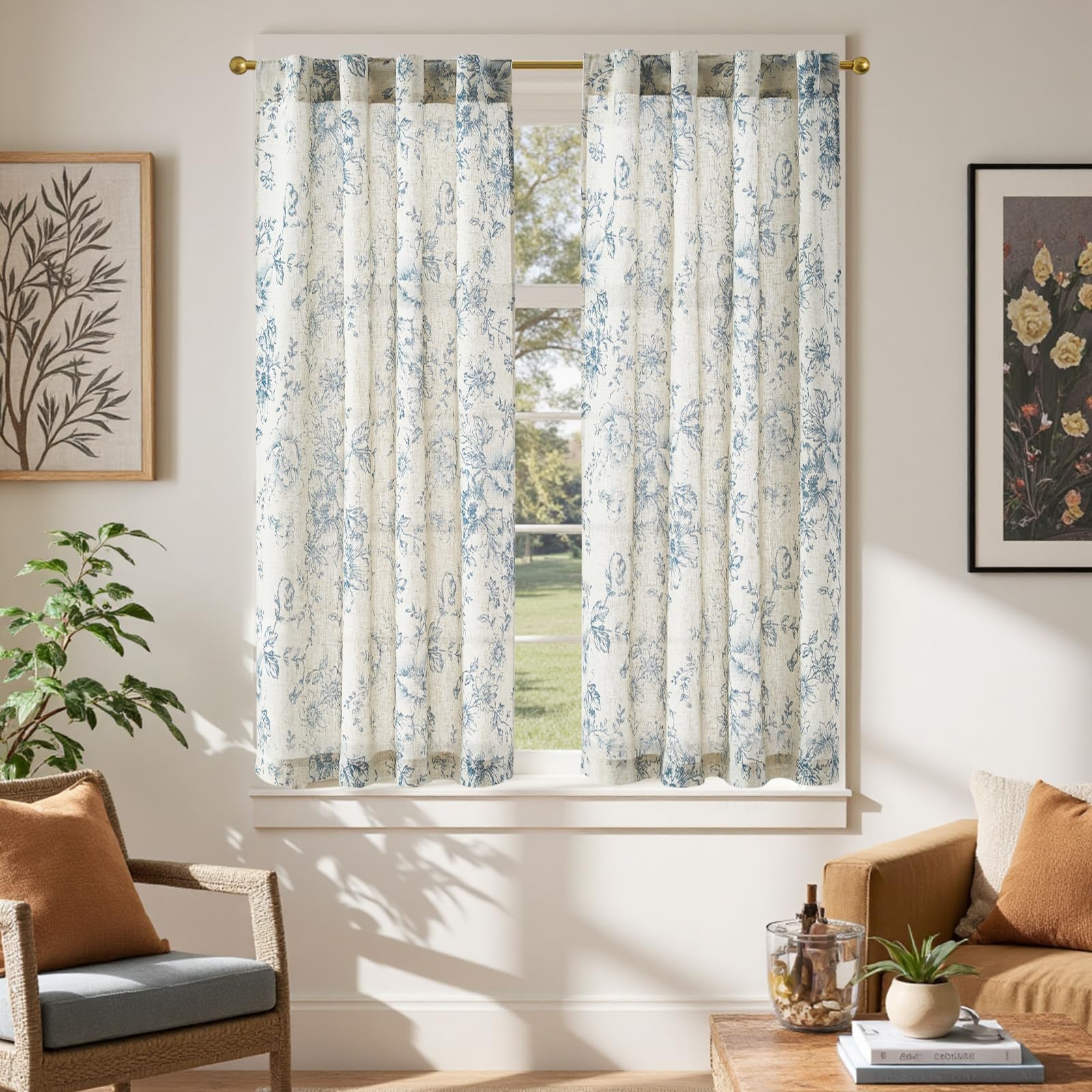 Photo 1 of jinchan Linen Floral Tier Curtains 54 Inch Farmhouse Botanic Cafe Curtains Light Filtering Drapes for Small Windows Back Tab Half Window for Kitchen Living Room Bathroom 2 Panels Blue
