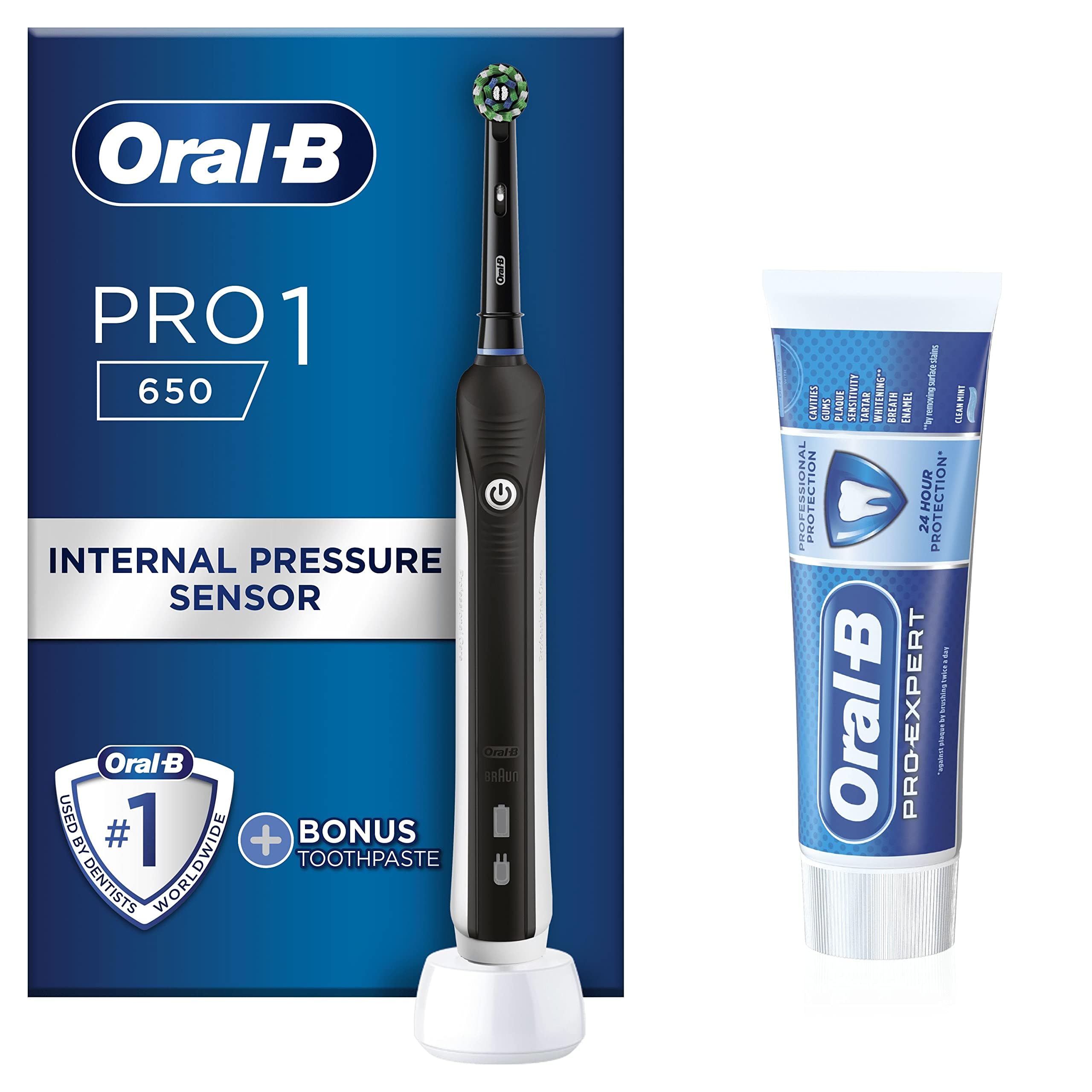 Oral-B Pro 1 Electric Toothbrush For Adults & Pro-Expert Professional Protection Toothpaste, 1 Handle, 1 Toothbrush Head, 2 Pin UK Plug, 650, Black