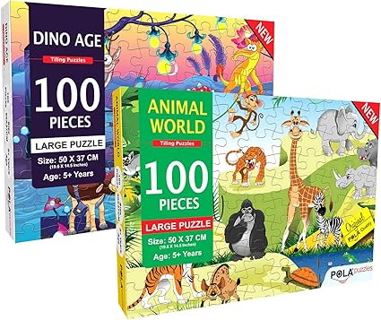Pola Puzzles 100 Pieces Tiling Puzzles (Jigsaw Puzzles, Puzzles for Kids, Floor Puzzles), Puzzles for Kids Age 5 Years and Above. Size: 19.6 inch X 14.5 Inch (Animal World 100 & Dino Age 100)