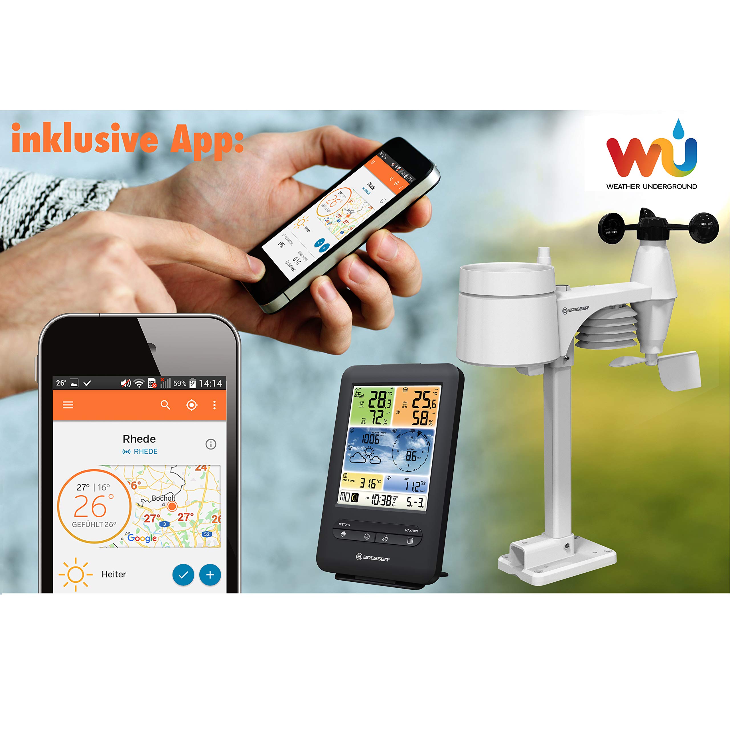 Bresser Wetterstation Funk mit Außensensor WLAN Farb-Wetter Center 5-in-1 mit Außensensor für Temperatur, Luftfeuchtigkeit, Luftdruck, Windmesser und Regenmesser, Schwarz 6