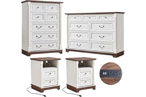 OKYCI 4PC Farmhouse Dresser and Nightstand Sets for Bedroom, Including Tall 7/9 Drawer Dresser & 2 Drawer Night Stand Set of 2 with USB, Antique White