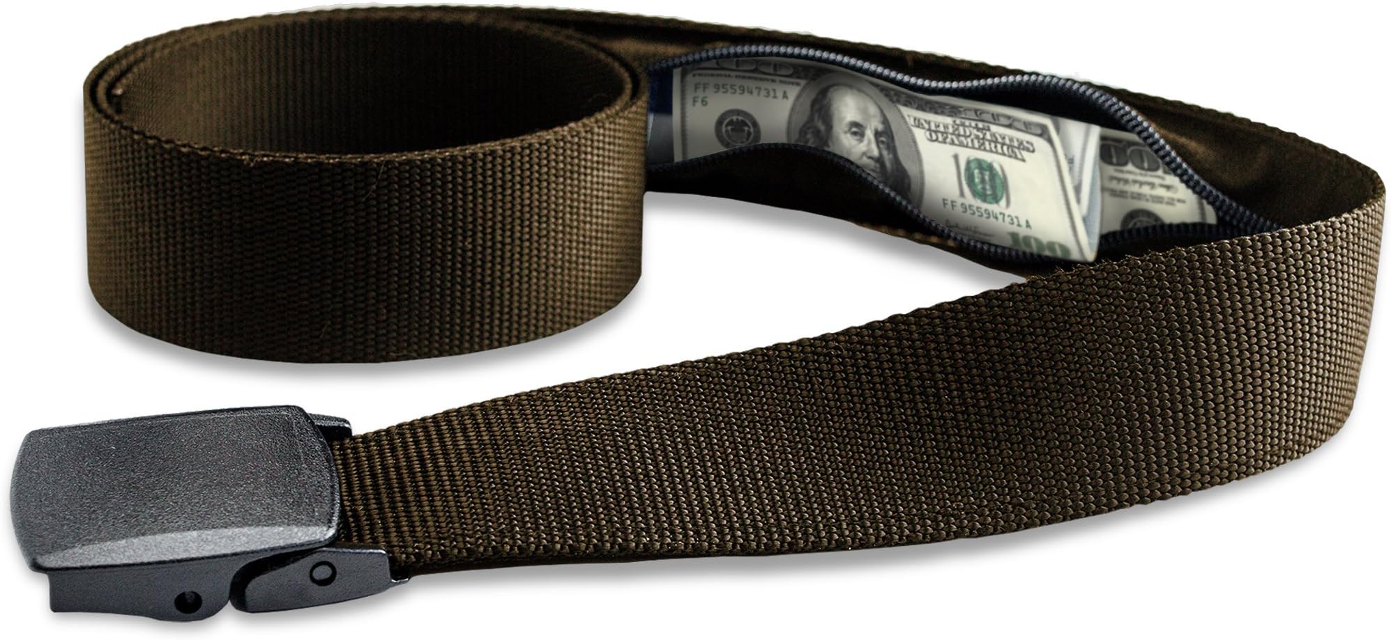 Travel Security Belt with Hidden Money Pocket - Cashsafe Anti-Theft Wallet - Non-Metal Buckle by RoomierLife (Brown)