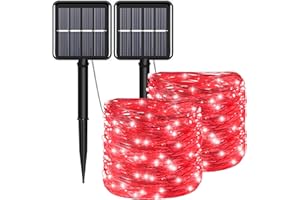 YAOZHOU Red Solar Christmas String Lights Outdoor Waterproof, 2Pack Total 200Led 8 Modes Copper Fairy Lights, Solar Powered Outside Decorations for Valentines Day, Garden, Patio, Fence, Balcony