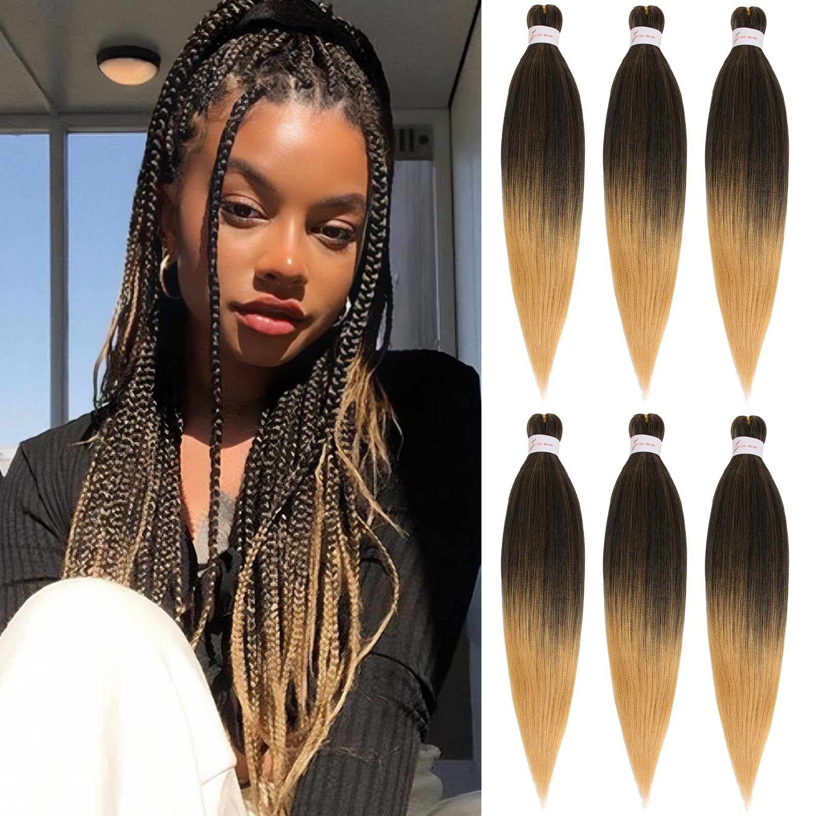 Samtress 24 Inch Pre Stretched Braiding Hair 6 Packs EZ Briads Ombre Soft Yaki Texture Kanekalon Synthetic Fiber Hot Water Setting Crochet Braids Hair Extensions for Women(#T27)