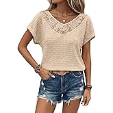 Dokotoo Women's Casual 2026 Waffle Knit Hollow Out Lace Tops Short Sleeve V Neck Loose Fit Shirts Blouses