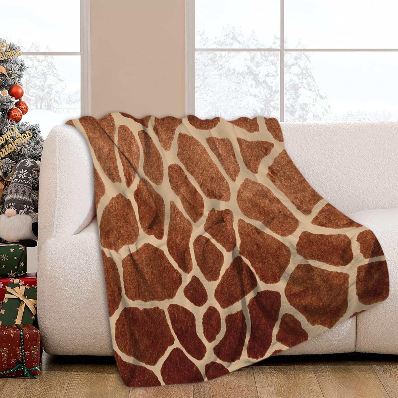 JOOCAR Giraffe Print Throw Blanket Brown Wild Animal Fur Pattern Blanket Cozy Soft Lightweight Flannel Plush Blankets for Bed Couch Living Room Sofa Chair,60x80 Inch