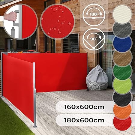 Jago Doppel Ausziehbare Seitenmarkise für Balkon Terrasse Garten | Farbauswahl/Größenauswahl 160x600cm 180x600cm | Windschutz