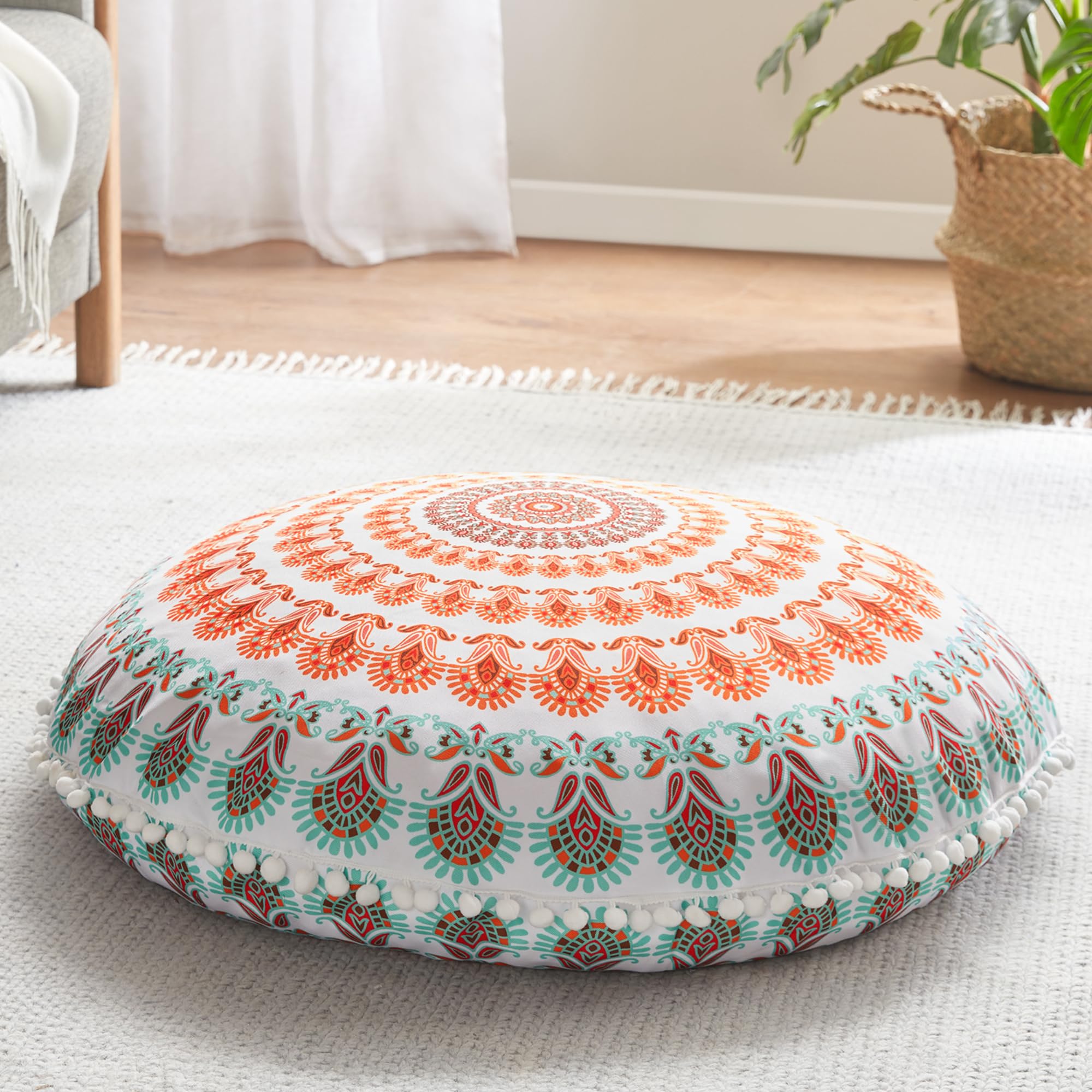Codi Meditation Floor Pillow, Round Large Pillows Seating for Adults, Bohemian Mandala Circle Cushion for Outdoor Fireplace Yoga Living Room, 32 Inch, Memory Foam Added, Coral