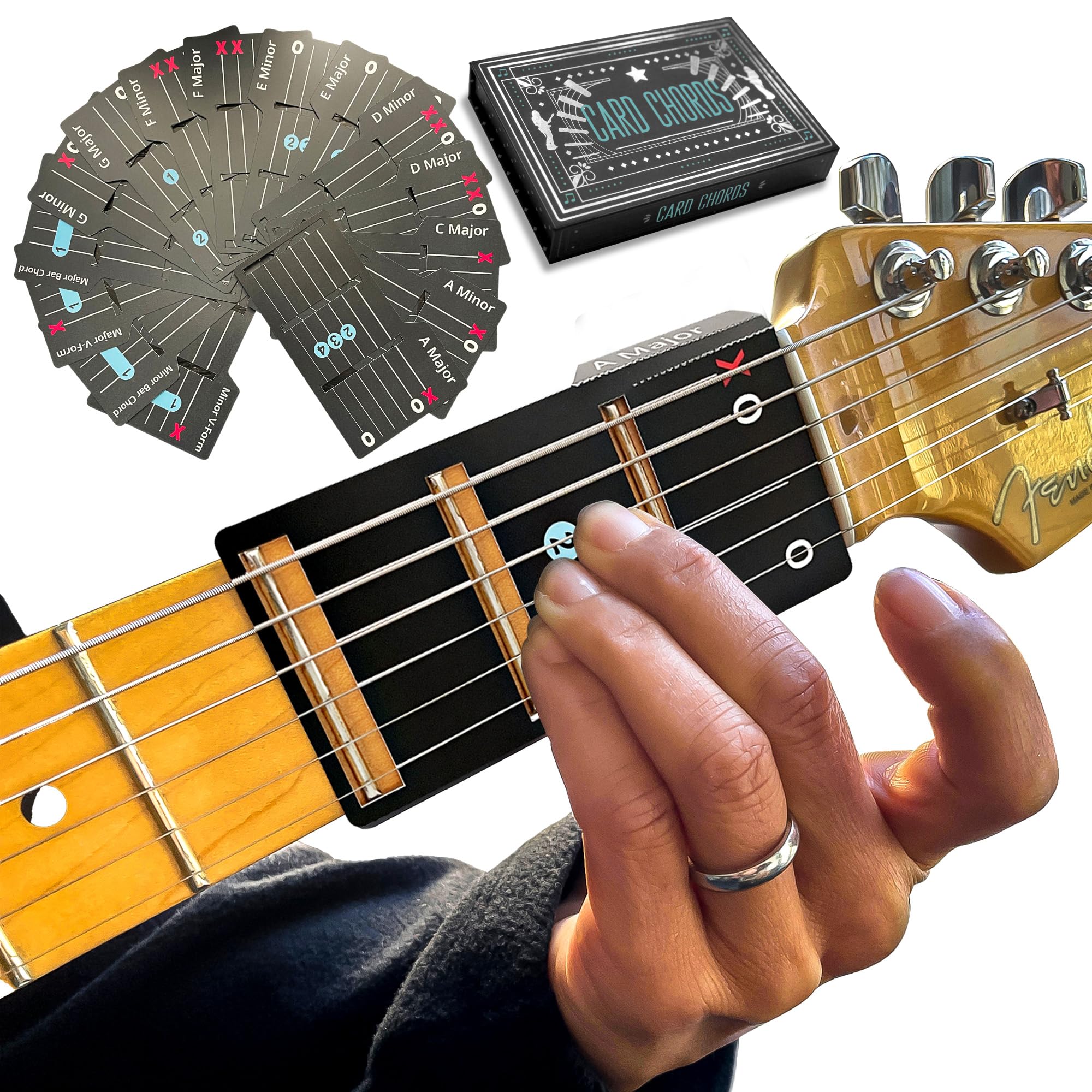Deluxe Edition with Case Learn Guitar in Minutes Card Chords (Fits All Guitars) GUITAR CHORDS allow you to PLAY the ACOUSTIC or ELECTRIC Guitar while the CARD is on the FRETBOARD Guitar Starter Kit