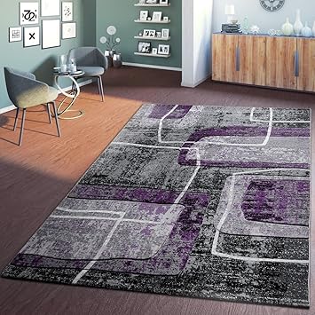 Amazon De T T Design Moderner Wohnzimmer Teppich Hochwertig 3d Retro Vintage Meliert In Lila Grau