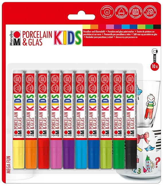 Marabu 0125000000084 - Porcelain & Glas Painter Kids, Set Mega Fun mit 10 Farben, Porzellan- und Glasmalstift für Kinder, kin