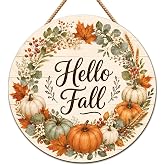 Fall Decorations for Home - Hello Fall Wreaths for Front Door | 2D Printed Flat Rustic Round Wood Hanging Sign for Thanksgiving Decorations - Fall Garland Porch Decor for Door Wall Room