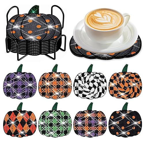 zhongko 8 Pcs Halloween Diamond Art Coasters Kit, Pumkin DIY Diamond Painting Coasters Kit for Adults Kids, Beginners with Holder Cork Base