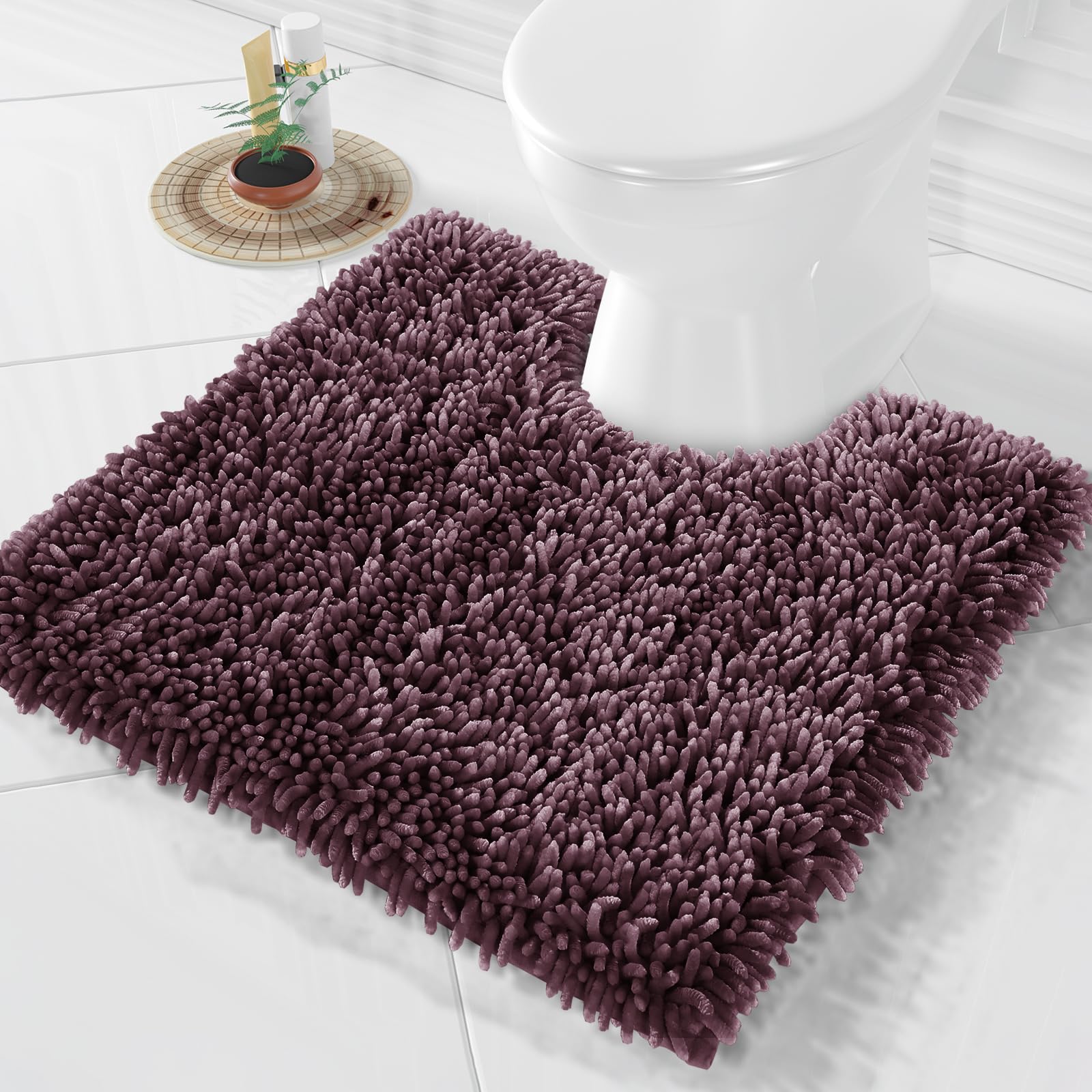 Photo 1 of Yimobra Toilet Rugs U Shaped Washable, Extra Thick Soft Absorbent Chenille Contour Bathroom Rugs for Toilet 24x24 Inch, Quick Dry Non Slip Toilet Mat for Bath Floor, Purple Grey