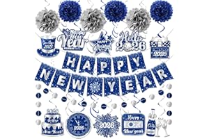 ILUIGGW Blue New Years Decorations 2026, NYE Party Supplies includes Happy New Year Banner Hanging Swirls and Blue and Silver Tissue Pom Poms, New Year Hanging Swirls for Indoor Outdoor Classroom Office
