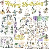 185Pcs Dragon Birthday Party Decorations Tableware Set Serves 25 Guests, Dragon Party Supplies Includes Banner, Plates, Tablecloth, Cake Topper, Cupcake Toppers, Dragon Birthday Decorations