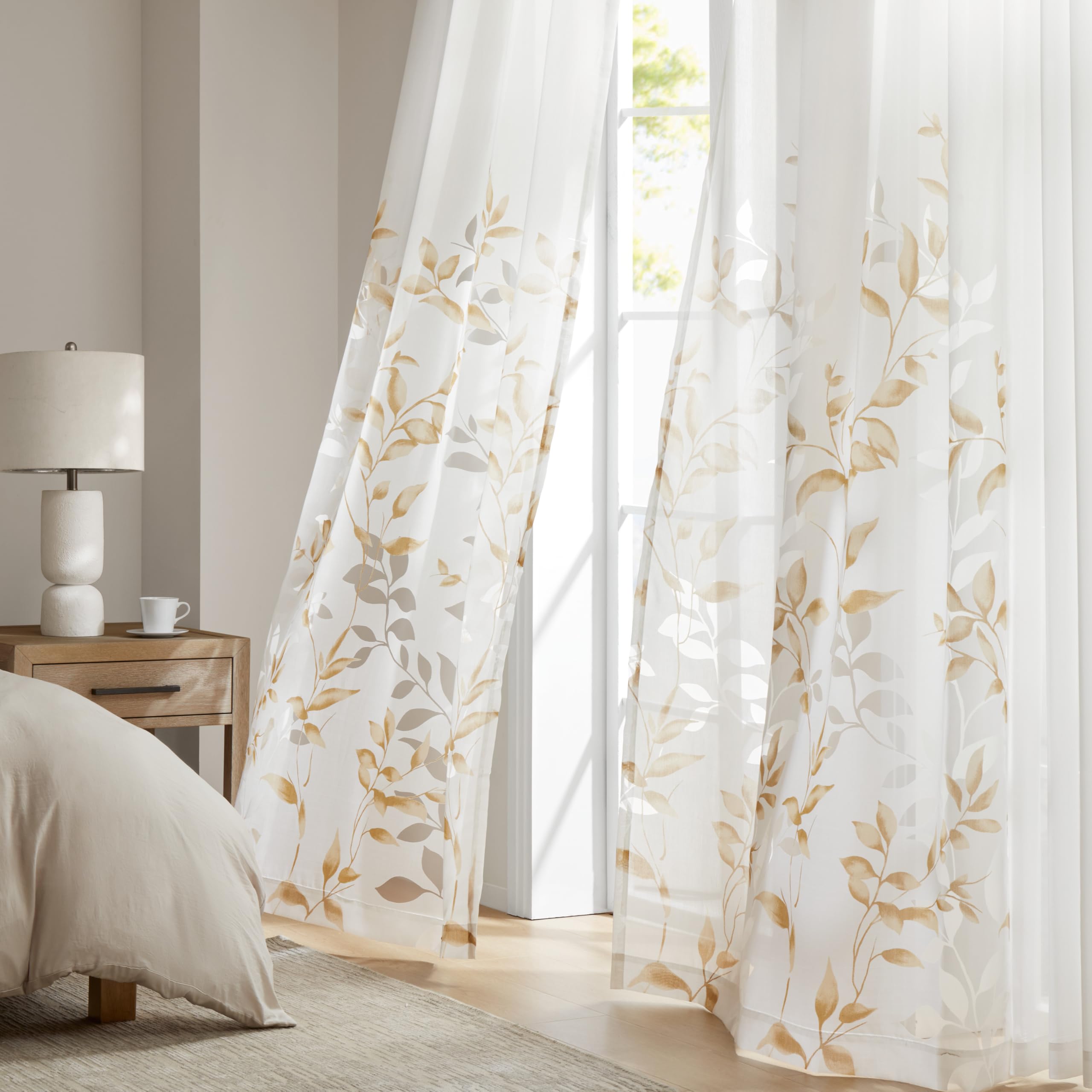 Madison Park Cecily Semi Sheer Single Panel Window Curtain Burnout Botanical Print Easy to Hang, Fits up to 1.25" Diameter Rod, 50x84, Yellow — image 1