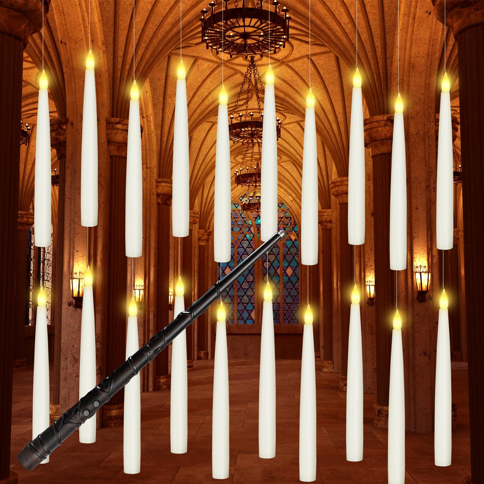 Photo 1 of Boribim 20PCS Floating Candles with Wand, Magic Hanging Candles, Flickering Warm Light LED Taper Flameless Candles with Wand Remote, Battery Operated Window Candle for Halloween Decorations Best Gift