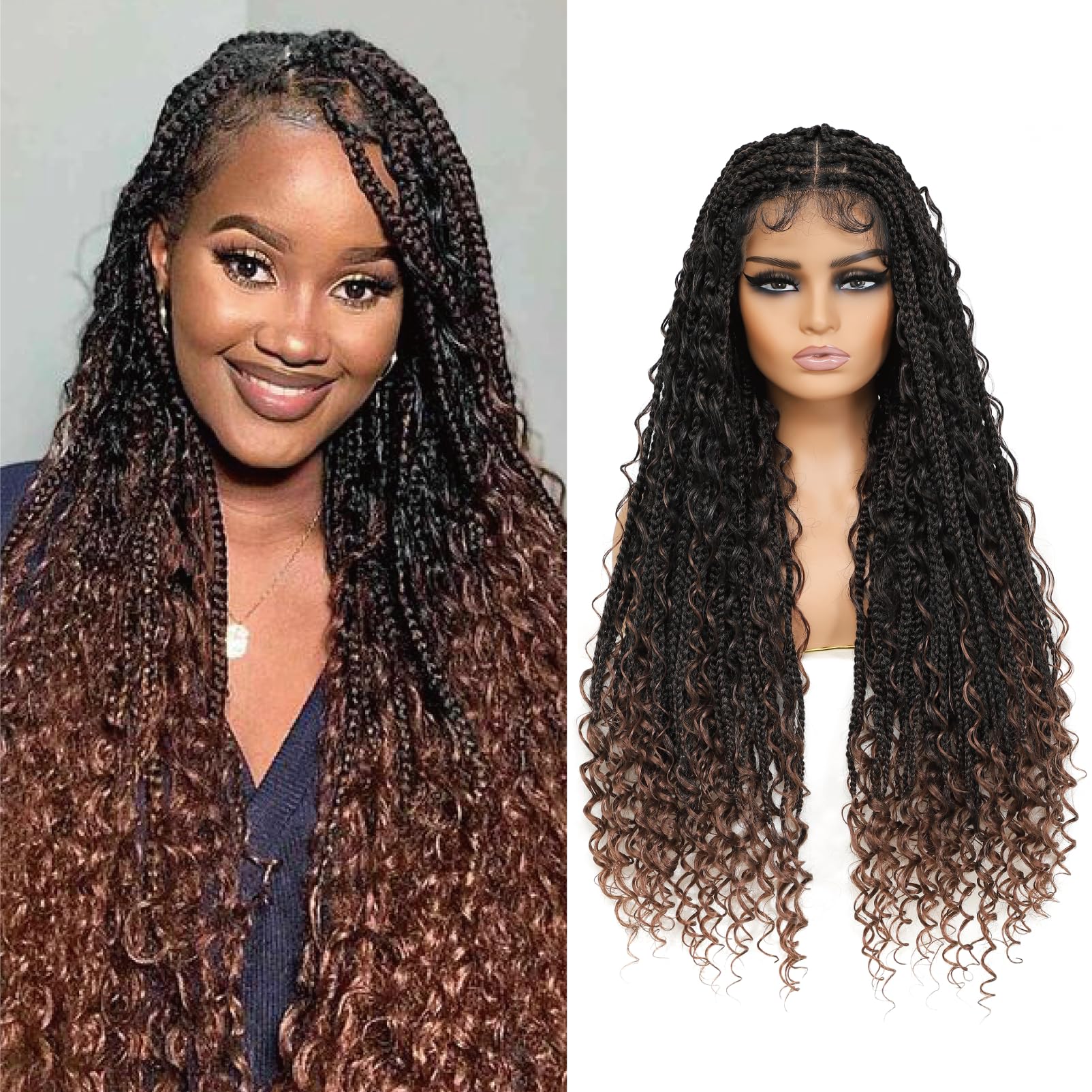 Bohemian Boho Box Braid Wig - Knotless Goddess Locs With Curly Ends, Double Full Lace Square Synthetic Dark Brown With Baby Hair for Women (36 Inch, 1B/30)