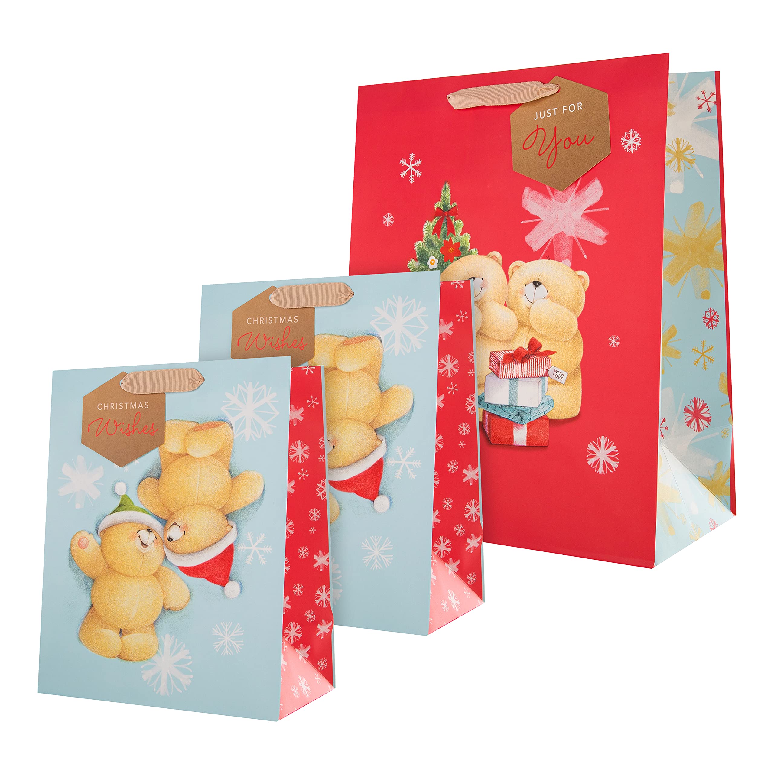 Hallmark Gift Bags, Gift Bags for Presents, Pack of 3, Festive Designs, Christmas, Forever Friends, Bears, Cute, Red