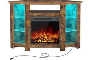 Seventable Fireplace Corner TV Stand for 43" 50" 55", 47 Inch TV Stand with Power Outlets and LED Lights, Rustic TV Console, Entertainment Center for Living Room,Rustic Brown