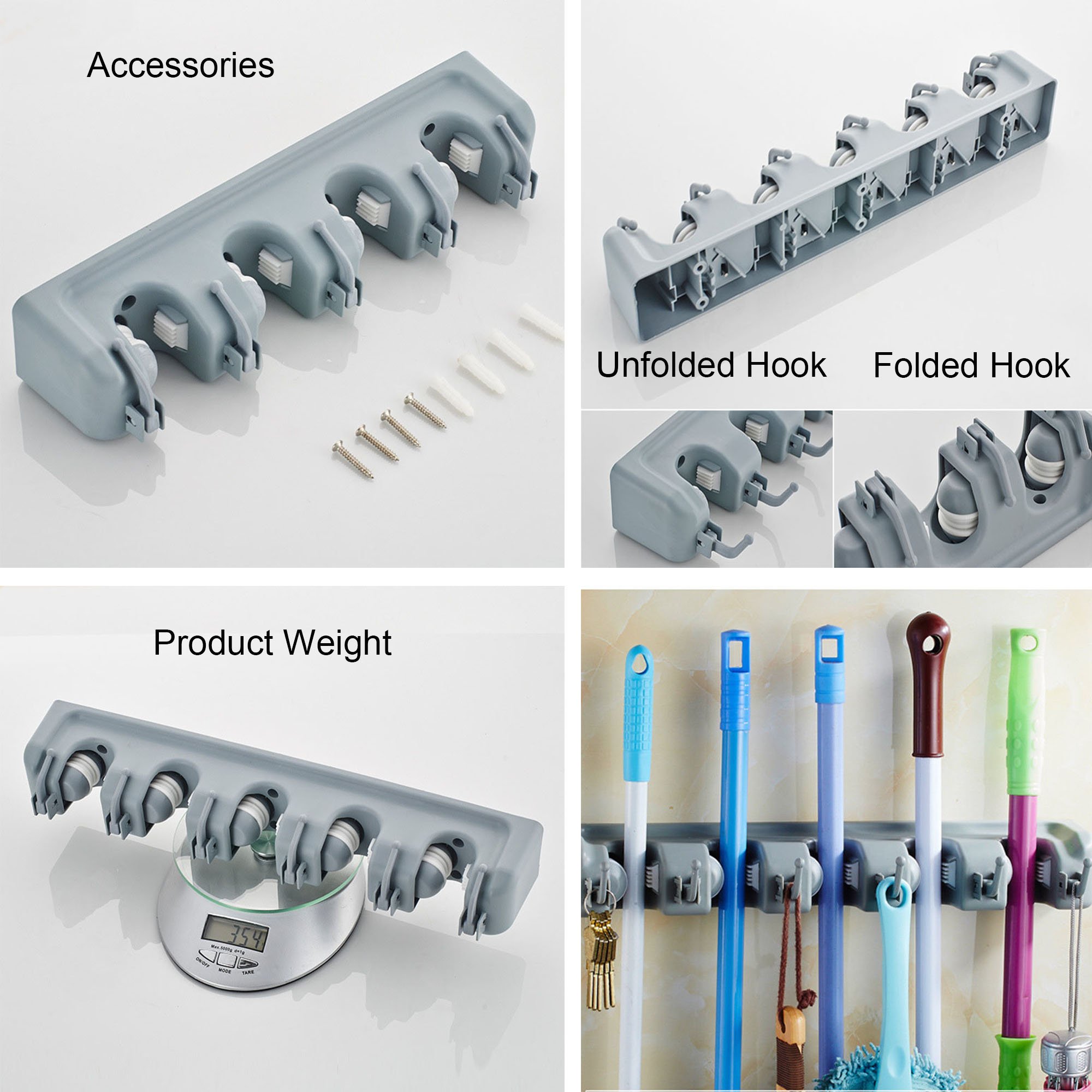 DayBuy Mop and Broom Holder Wall Closet Mounted with 5 Position and 6 Hooks Organizer Rakes Automatic Handle Grips Household Tool and Garage Storage Organization Racks