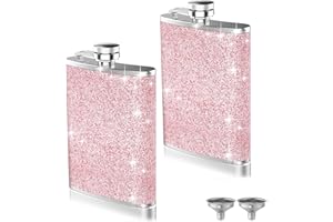 2-Pack 8 Oz Pink Bling Hip Flasks for Liquor, Hianjoo Leakproof Thin Stainless Steel Flasks Camping Pocket Flask with Funnel 