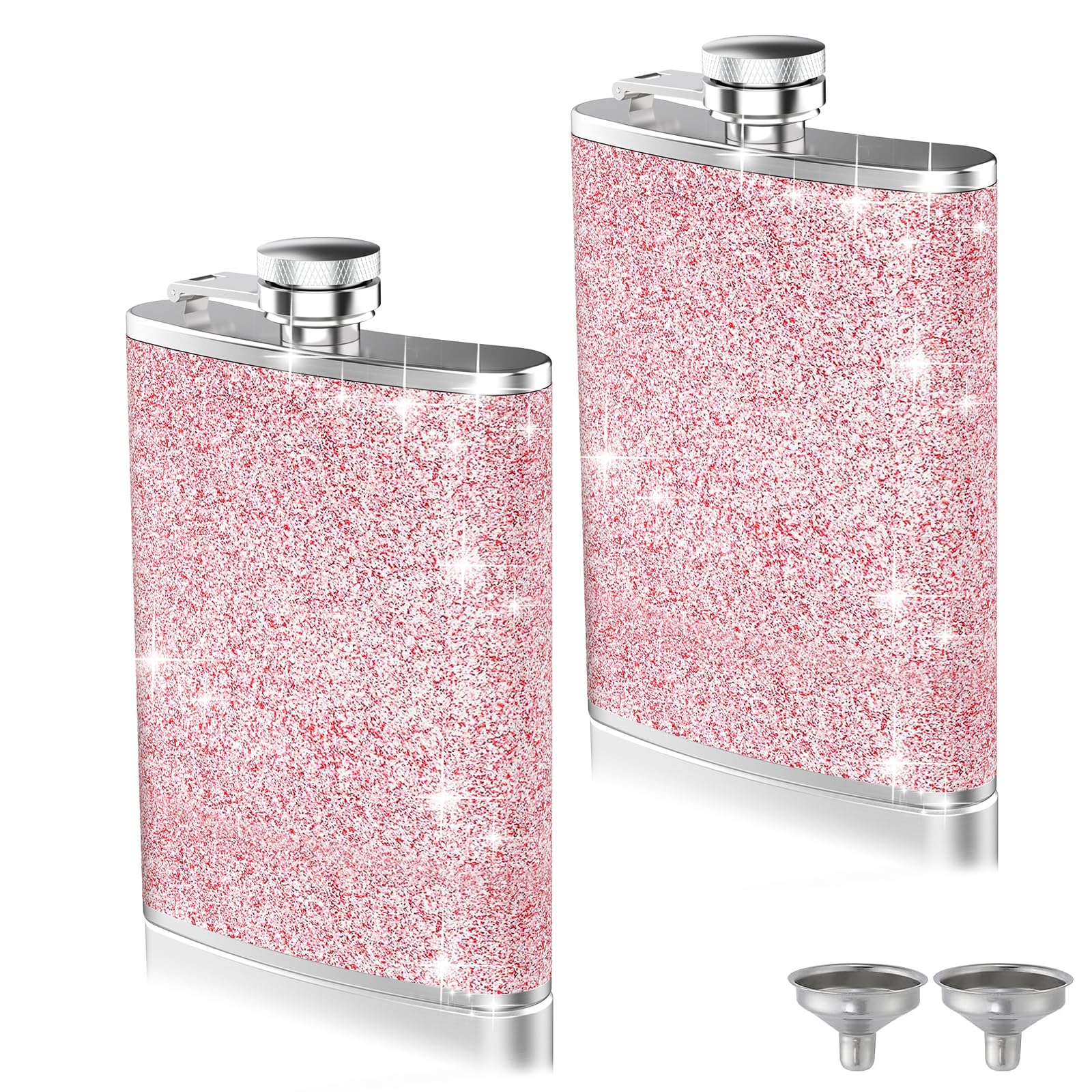 Photo 1 of 2-Pack 8 Oz Bling Hip Flasks for Liquor, Hianjoo Leakproof Thin Stainless Steel Flasks Camping Pocket Flask With Funnel for Girl Women, Portable Metal Flask for Wedding Groomsmen Bridesmaid Gift,Pink