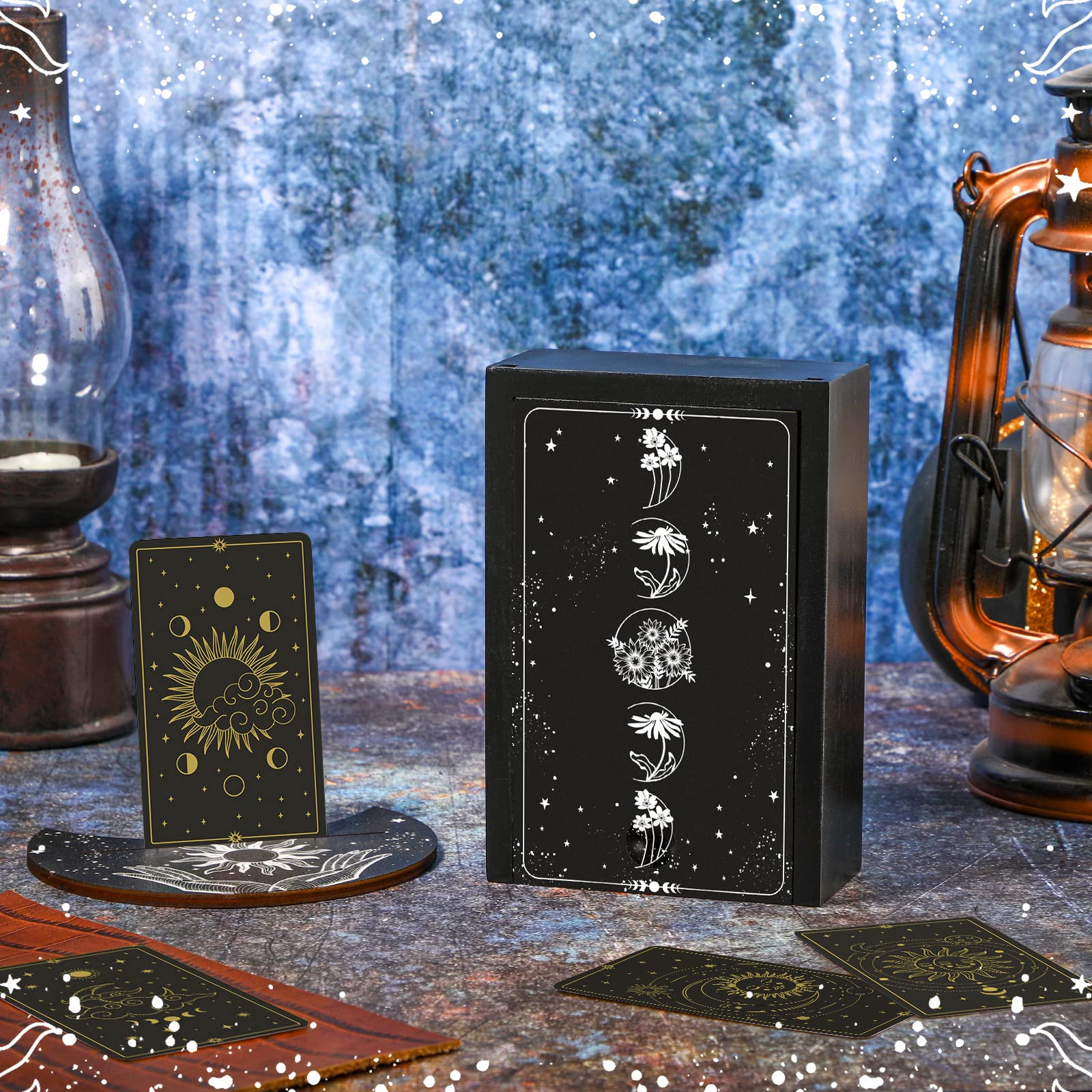 Yulejo Wooden Tarot Card Case and Stand Holder, Cards Box Fortune Telling Trinket Keepsake with Pendulum Board Moon Shape Altar Display for Witch (Novel Style)