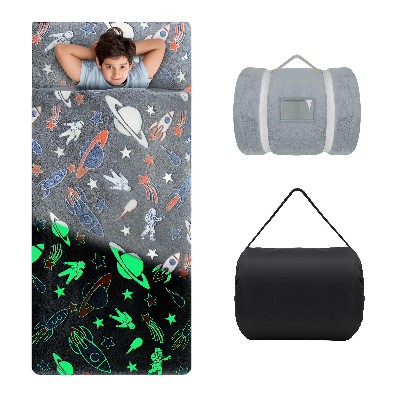 Kids Sleeping Bag with Pillow,Glow in The Dark Nap Mat for Toddlers Boys Girls,Large & Comfy Plush Slumber Bag for Sleepovers Camping Travel,Astronaut Rocket