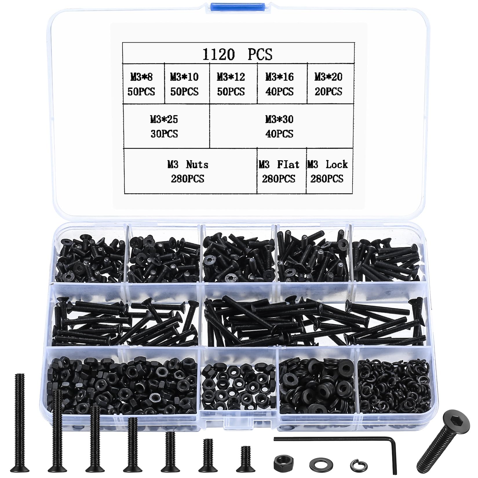 1120 Pcs M3 Countersunk Bolts and Nuts Set, M3 Nuts and Bolts Assortment, Machine Screws Nut & Lock Washers & Spring Washers, Flat Head Hex Socket Head Cap Screws Set, Black
