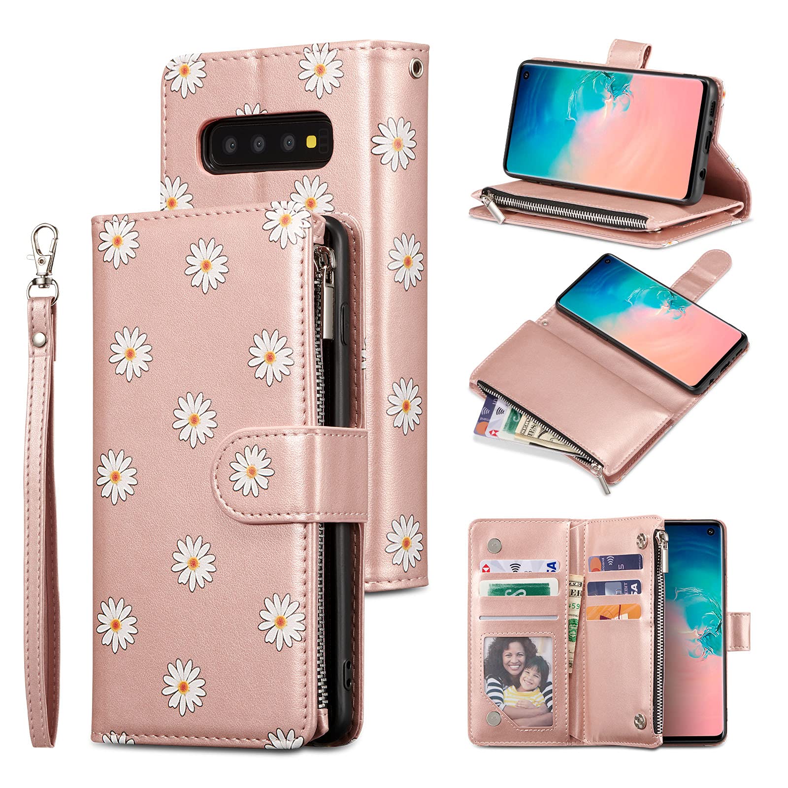 UEEBAI Wallet Case for Samsung Galaxy S10 Plus, Premium PU Leather Magnetic Closure Geometric Marble Pattern Handbag Zipper Pocket Case Kickstand Card Holder Slots Shockproof Flip Cover -RoseGold#3