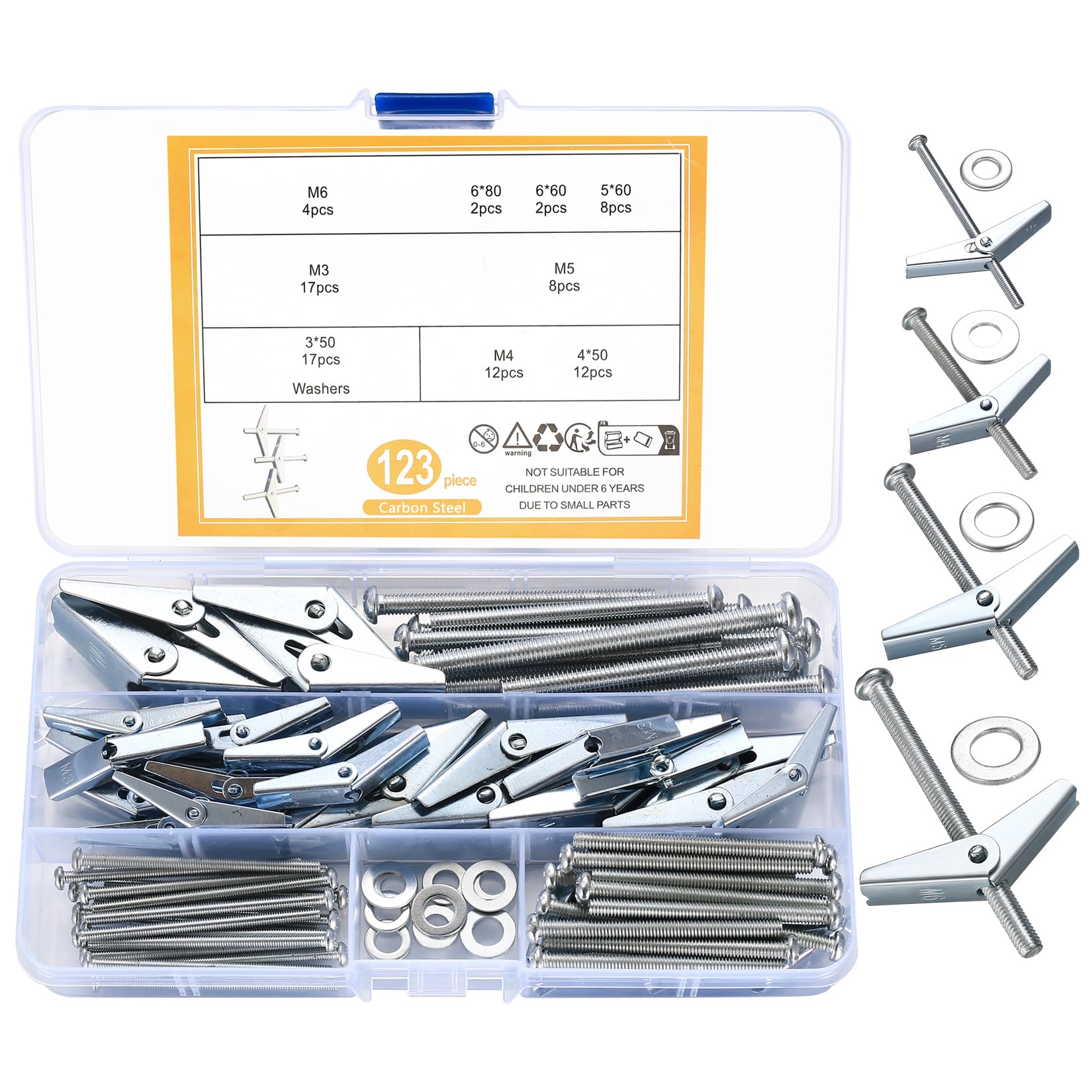 qxayxa 123 Pcs Plasterboard Fixings - Wing Spring Toggle Bolts and Drywall Screws, M3/M4/M5/M6 Spring Toggle Fixings, Hollow Cavity Dry Wall Anchors Screws and Wing Nuts