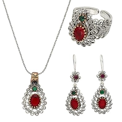 AQILA Damen 3er Schmuck Set 925er Silber Vintage Style Ohrringe Ring Anhänger rot grün