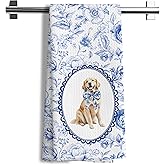 Nipil Chinoiserie Grandmillennial Botanical Golden Retriever Dog Bathroom Gifts Kitchen Decor Towels, Blue and White Floral Golden Retriever Decorative Dish Towels, 16x24 Inch