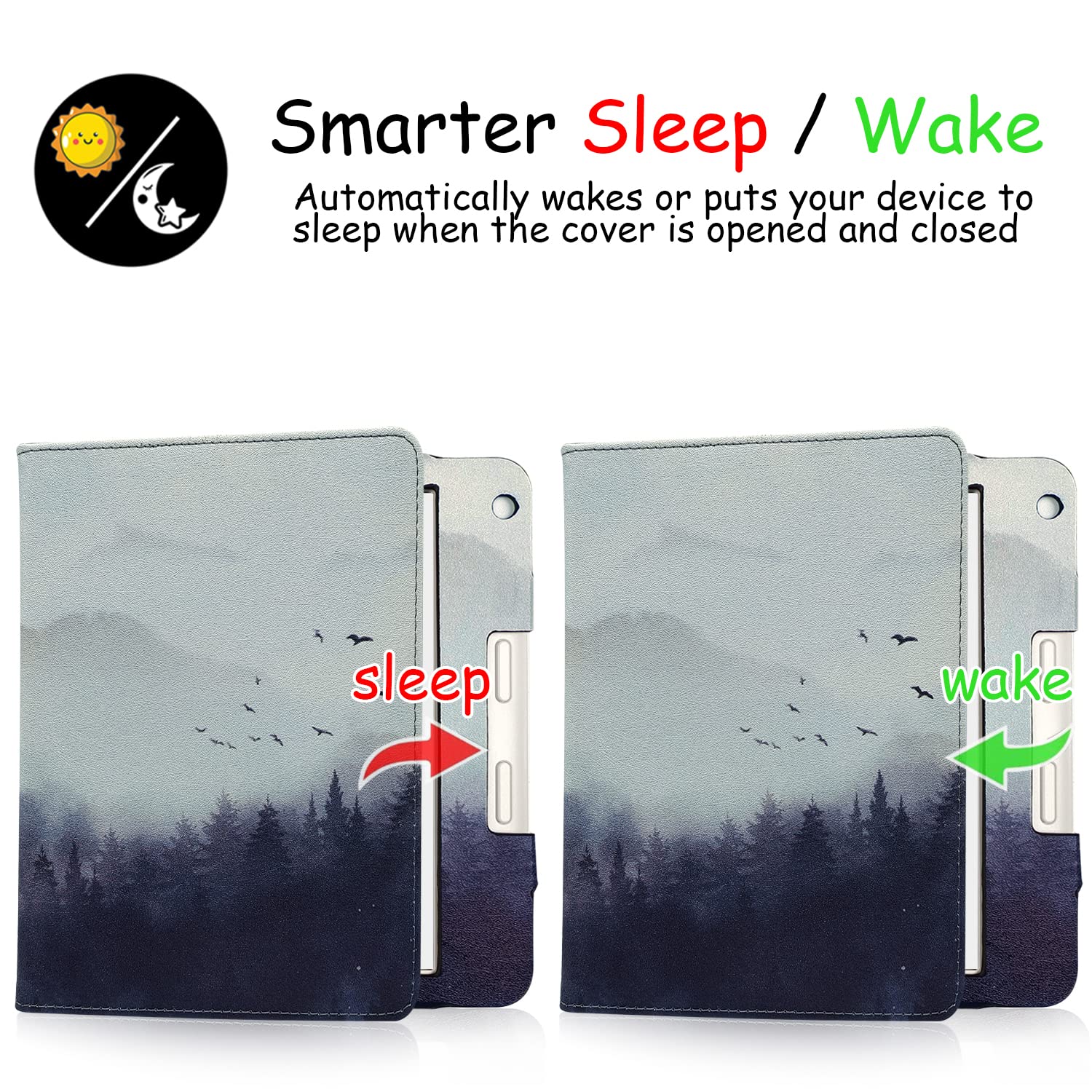 Kobo Libra Colour/2 Case Cover for 7 inch Kobo Libra (2024/2021 Release, Model: N428/N418) with Auto Sleep/Wake/Double Hand Strap/Stand (Misty Forest)