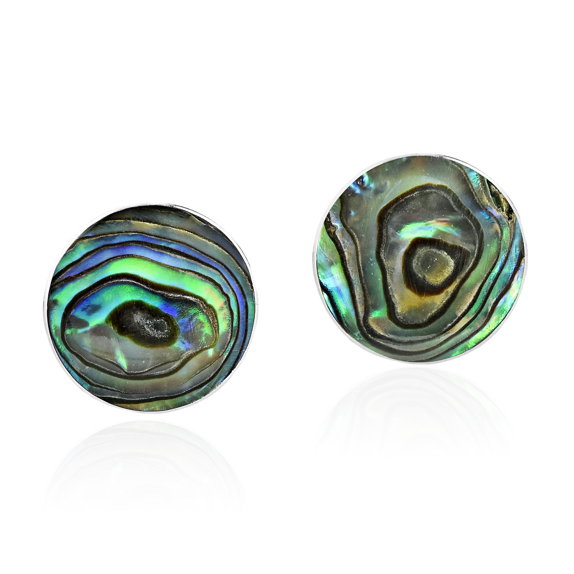 Green Abalone Shell Mystical Round .925 Sterling Silver Post Earrings