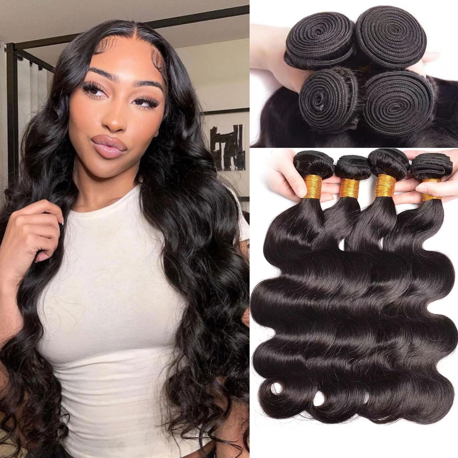 Huarisi Human Hair Body Wave 4 Bundles 14 16 18 20 inch 12A Unprocessed Virgin Brazilian Hair Body Wave Weaves Bundles for Black Women Natural Color Real Hair Extensions Weft Sew in โ image 1
