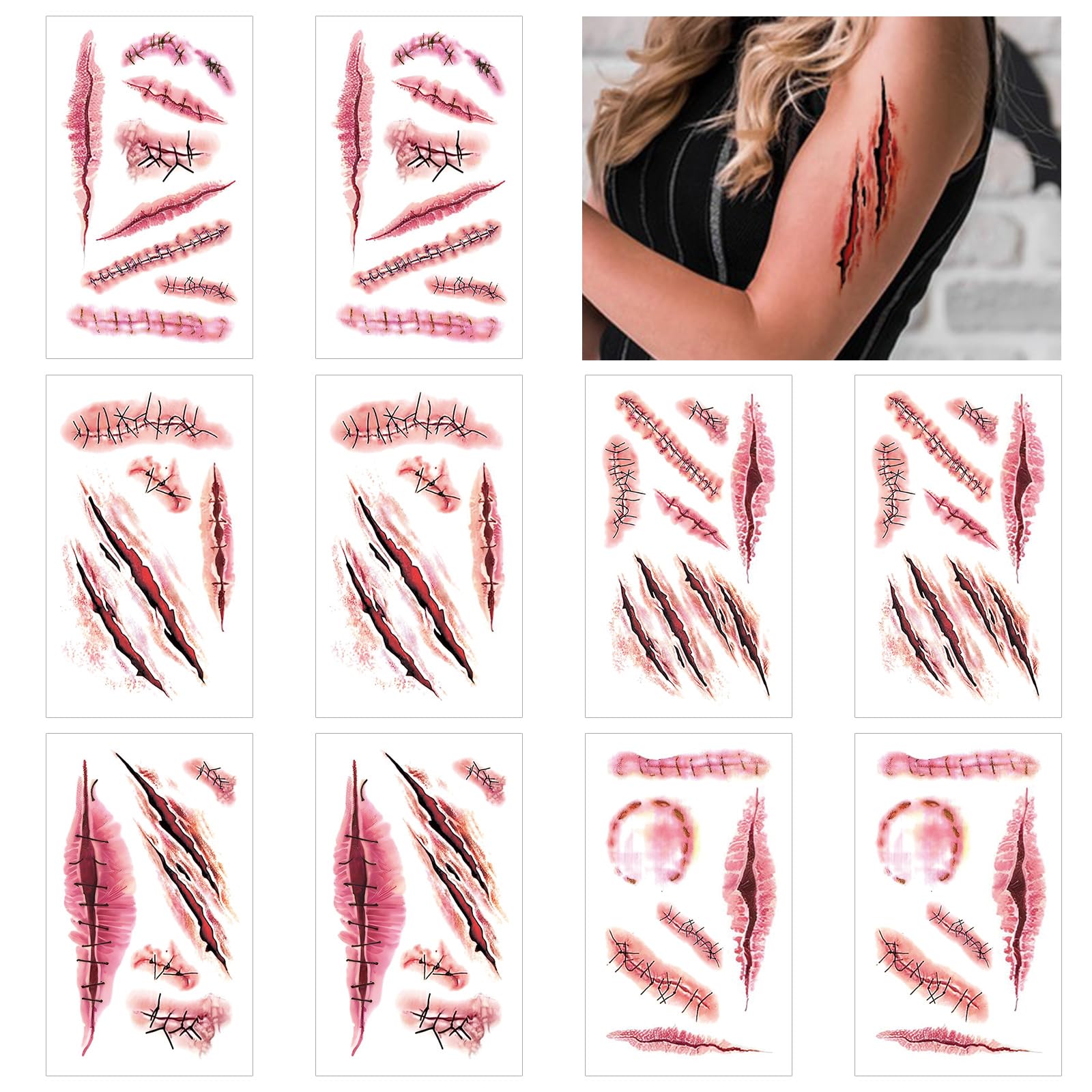 Photo 1 of 10 Sheets Halloween Zombie Scar Temporary Tattoos, Fake Bloody Wound Stitch Scab Body Face Waterproof Tattoo Stickers Masquerade Prank Makeup Props