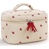 Prite Corduroy Large Travel Quilted Makeup Bag for Women Floral Cotton Cosmetic Bag Coquette Aesthetic Floral Toiletry Organizer Bag(Strawberry)