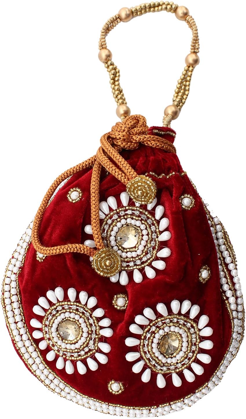 Ethnic Beads and Pearls Embroidery Diamond Velvet Batwa Potli Bag Pouch Gift For Women
