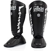 Fairtex SP7 Lightweight Shin Guards, Detachable Syntek Leather Shin Pads | Flexible composite hide with modular foot joint. Adjustable two-piece leg armor allows ninety-degree rotation for drills