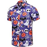 GRTXIN Halloween Shirts for Men Pumpkins Skeleton Shirt Short Sleeve Button Down Dress Shirts