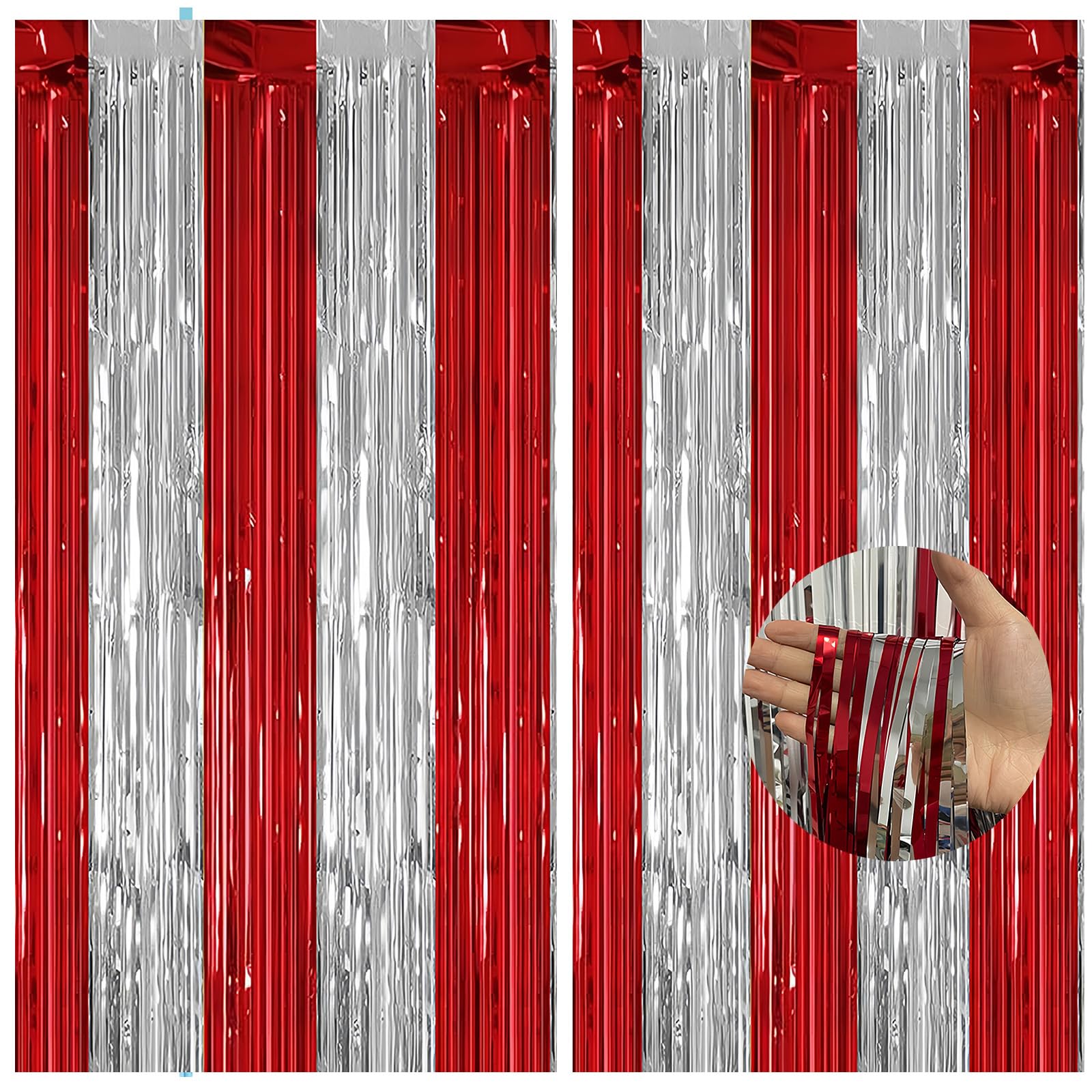 2pcs Red Silver Glitter Tinsel Curtains, 3.2x6.5ft Shimmer Party Foil Door Curtains Metallic Fringe Tassel Tinsel Backdrop for Stranger Theme Xmas Party Décor